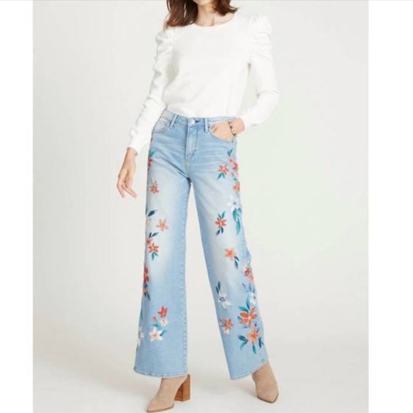 DRIFTWOOD Denim - DRIFTWOOD Charlee Wide-Leg Jeans Bright Sky Embroidered Size 28 Boho